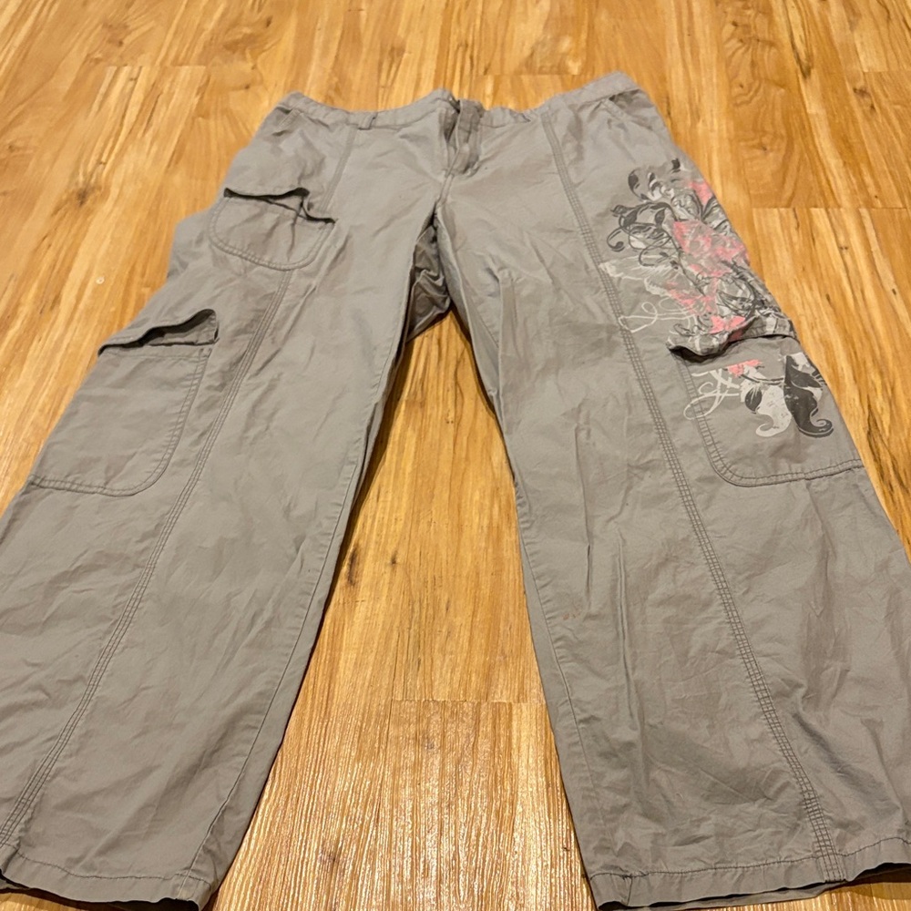 Gray Cargo Pants with Floral Design